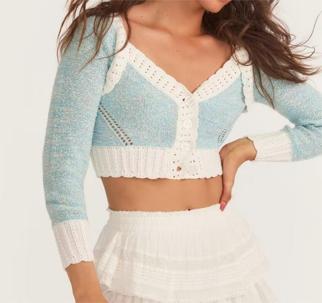 Women's Autumn French Sweet Hollow Stitching V-Neck Water Blue Cardigan