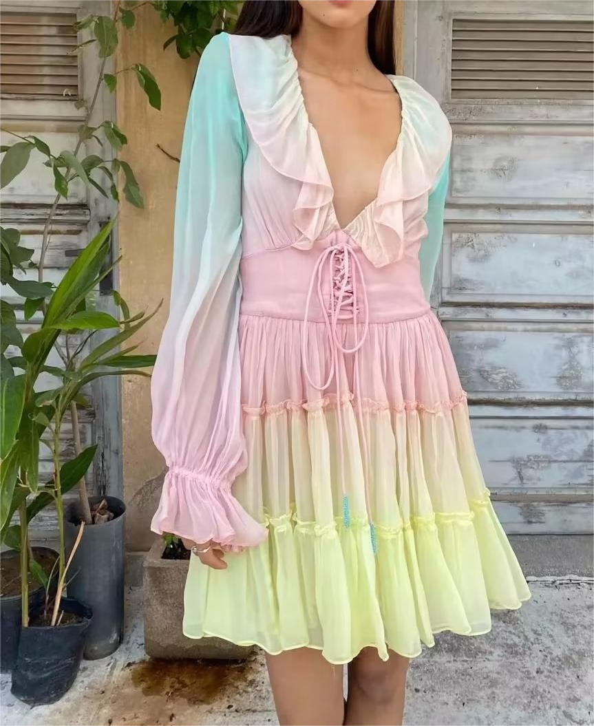 Women's Rainbow Ruffle Tie-Neck Princess Dress