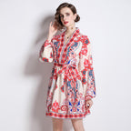 Printed V-Neck Belted Long-Sleeve Dress
