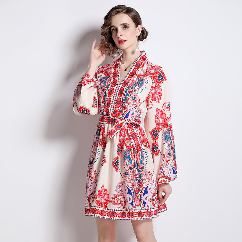 Printed V-Neck Belted Long-Sleeve Dress