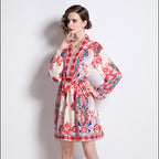 Printed V-Neck Belted Long-Sleeve Dress