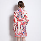 Printed V-Neck Belted Long-Sleeve Dress