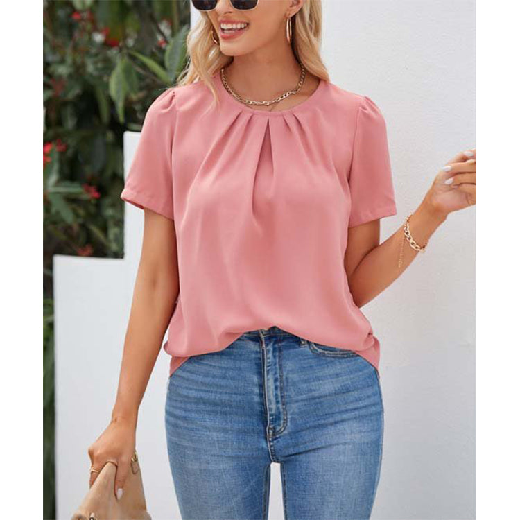 Women's Summer Women Short Sleeve Solid Color Round Neck Shirt Top Women