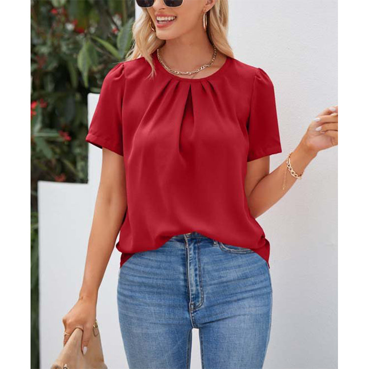 Women's Summer Women Short Sleeve Solid Color Round Neck Shirt Top Women