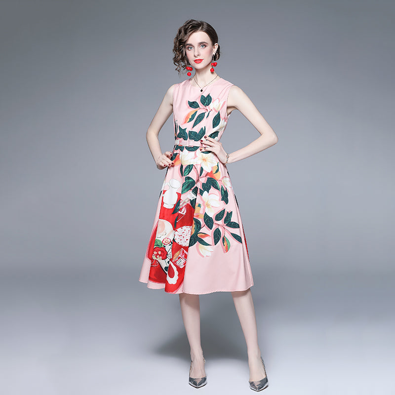 Women's Belted Printed Crew-Neck Dress