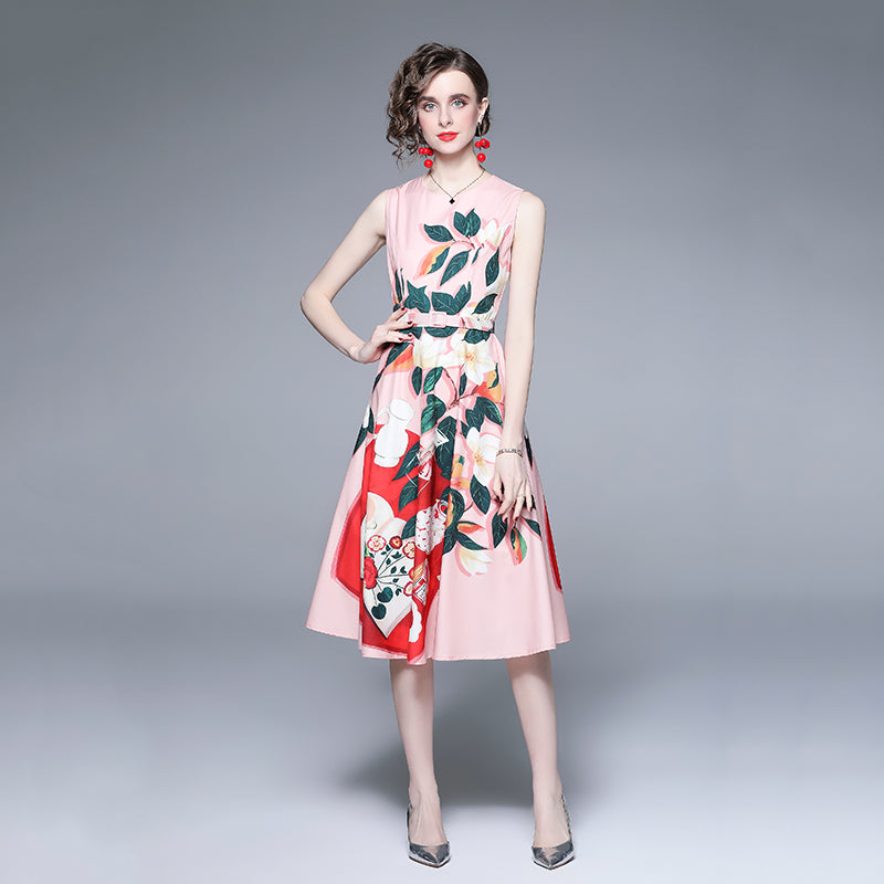 Women's Belted Printed Crew-Neck Dress