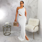 Women Sexy Waist Hollow Cutout off Shoulder Dress Solid Color Sleeveless Pleated Dress Multi Color Optional