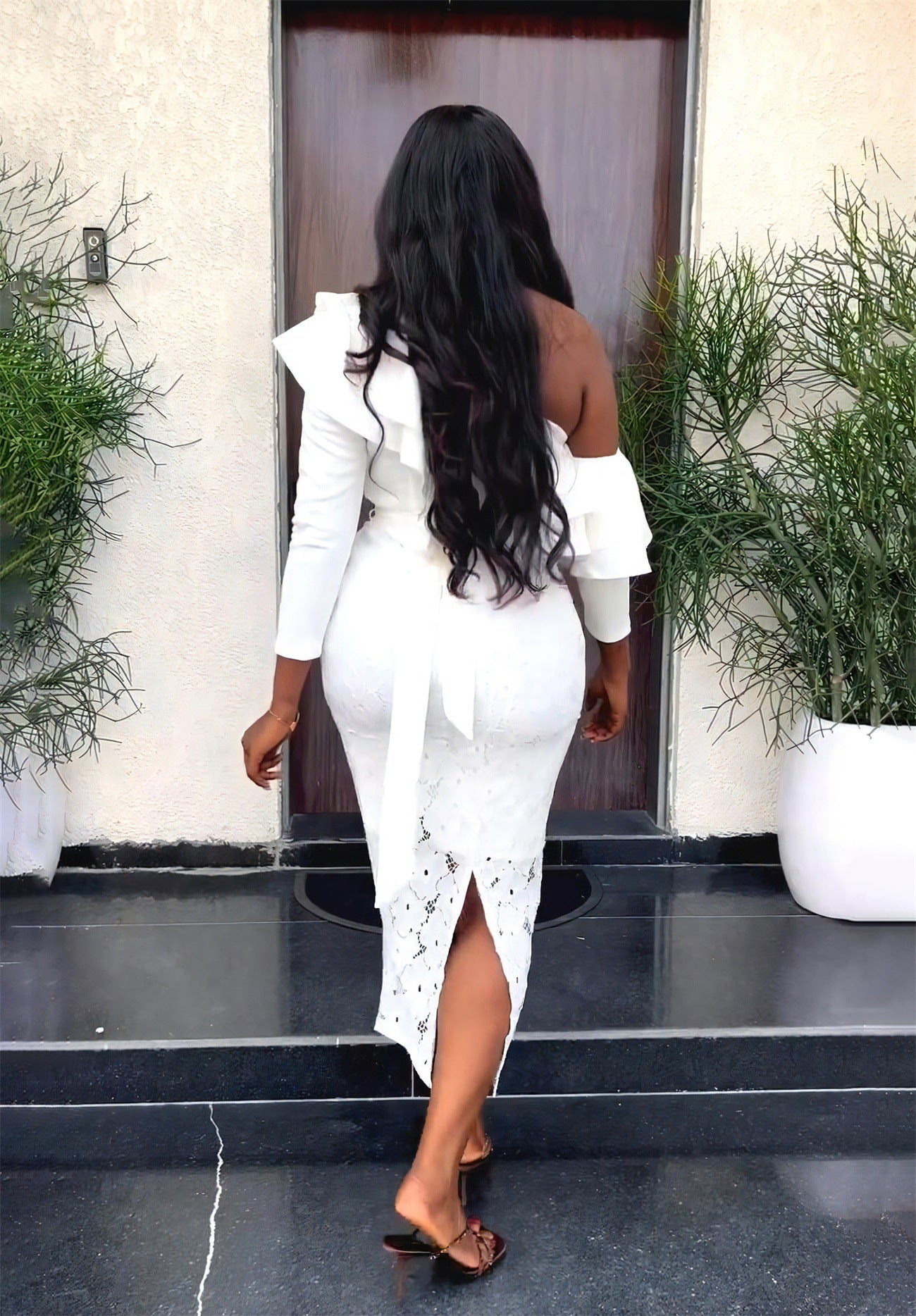Women's One-Shoulder Lace Ruffled Evening Maxi Dress