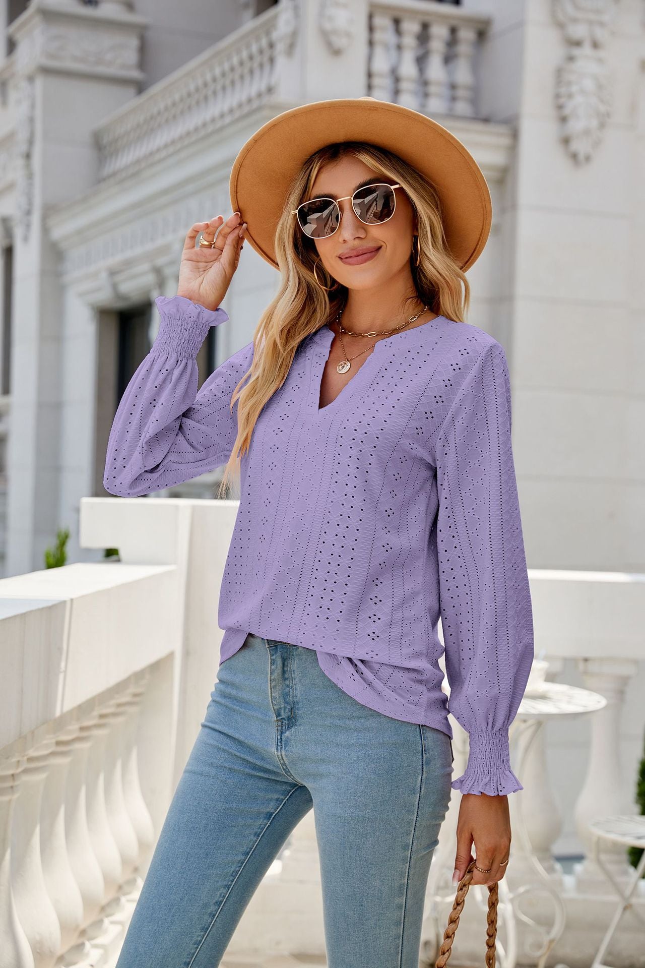 Women's Solid Color Hollow Out Pleated Ruffle Sleeve V Neck Loose Long Sleeve Top