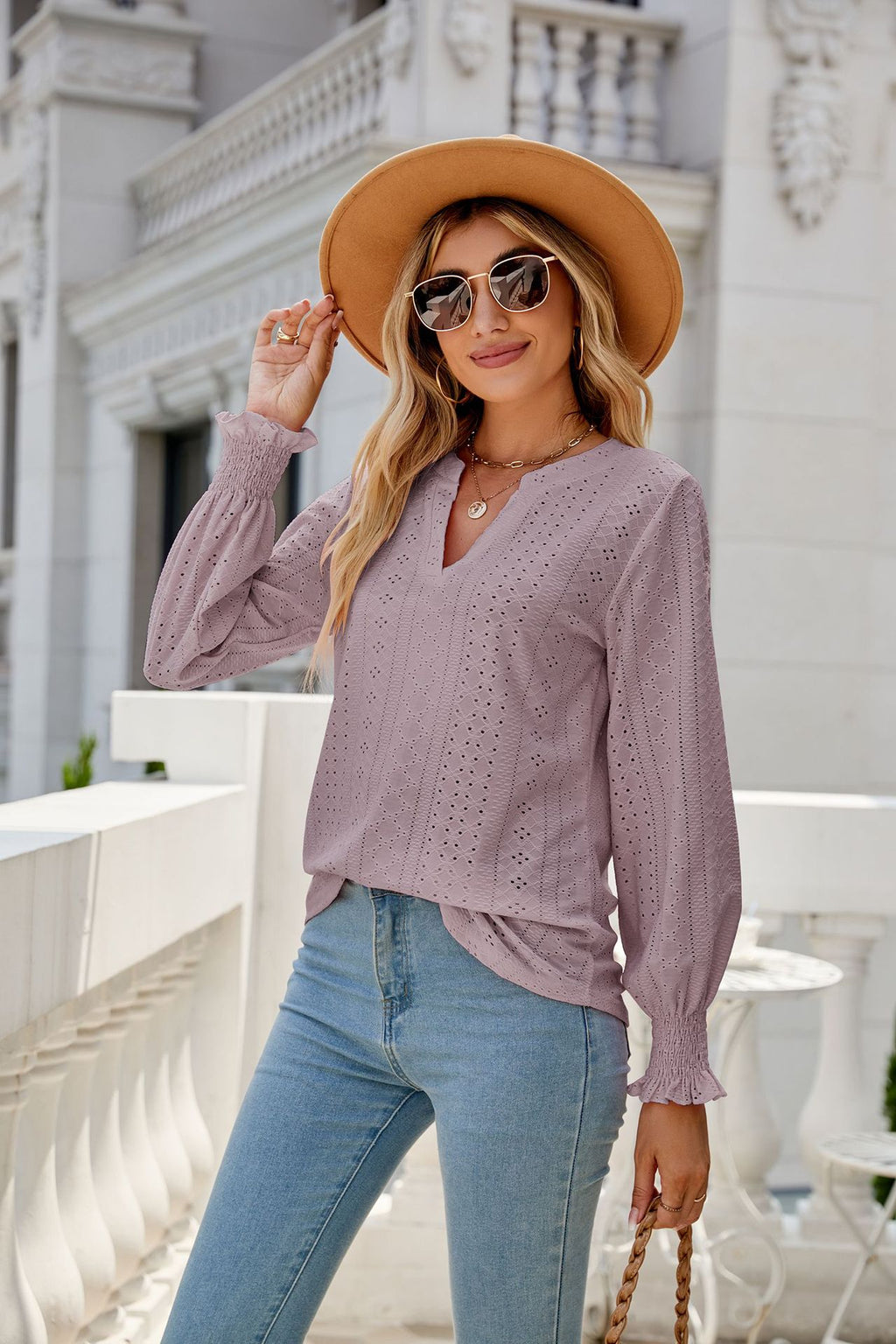 Women's Solid Color Hollow Out Pleated Ruffle Sleeve V Neck Loose Long Sleeve Top