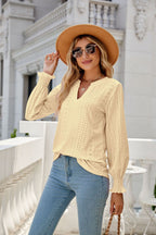 Women's Solid Color Hollow Out Pleated Ruffle Sleeve V Neck Loose Long Sleeve Top