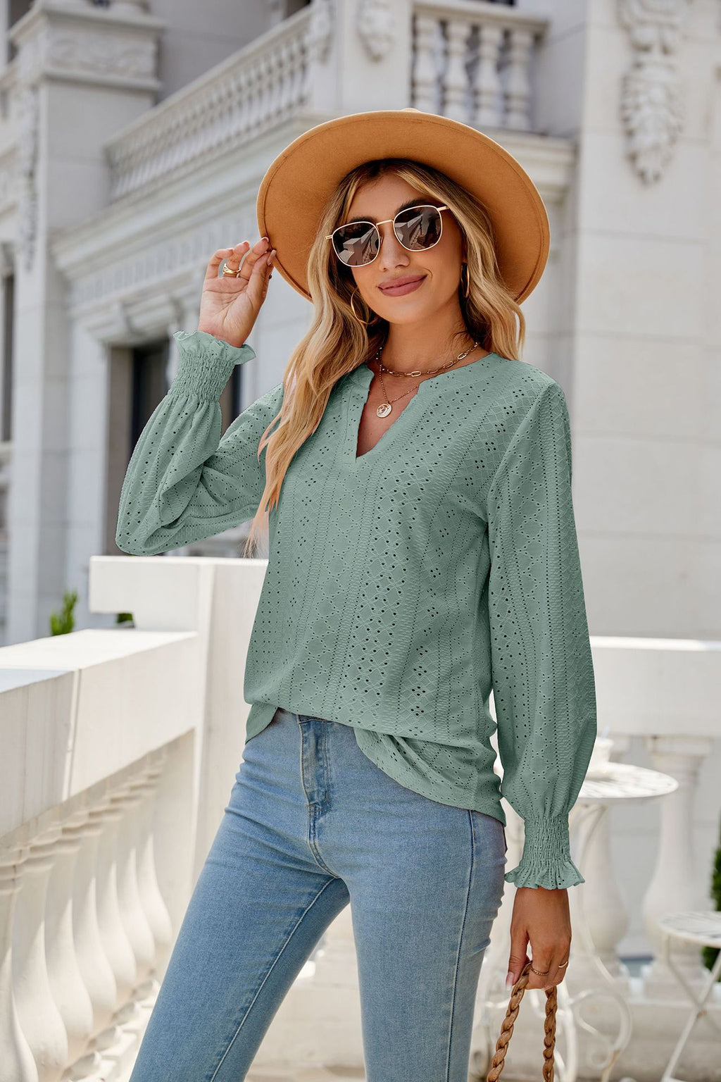 Women's Solid Color Hollow Out Pleated Ruffle Sleeve V Neck Loose Long Sleeve Top