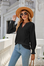 Women's Solid Color Hollow Out Pleated Ruffle Sleeve V Neck Loose Long Sleeve Top