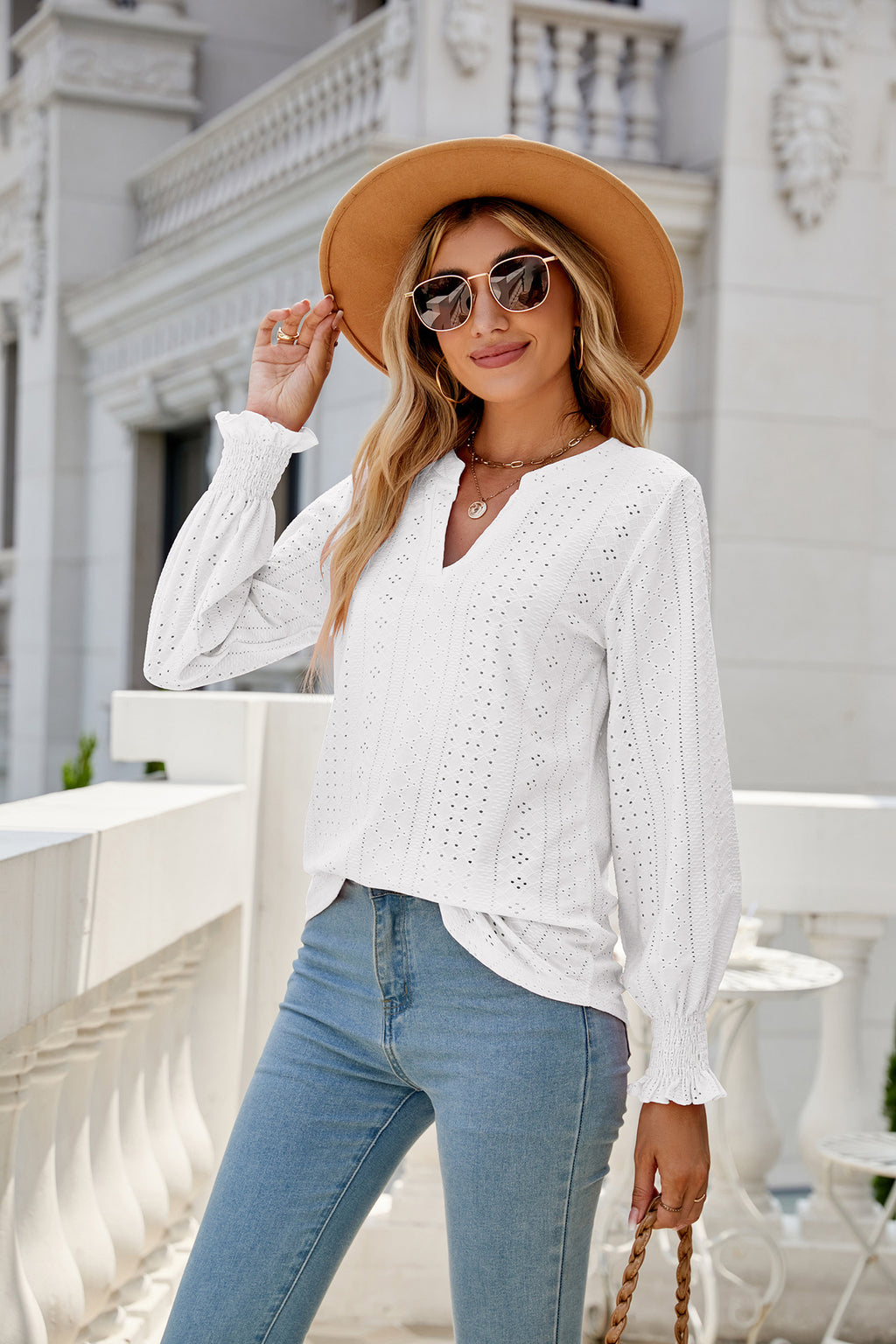 Women's Solid Color Hollow Out Pleated Ruffle Sleeve V Neck Loose Long Sleeve Top