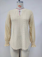 Women's Solid Color Hollow Out Pleated Ruffle Sleeve V Neck Loose Long Sleeve Top