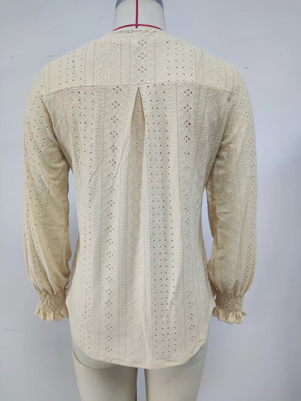 Women's Solid Color Hollow Out Pleated Ruffle Sleeve V Neck Loose Long Sleeve Top