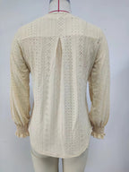 Women's Solid Color Hollow Out Pleated Ruffle Sleeve V Neck Loose Long Sleeve Top