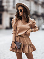 New V-Neck Long-Sleeve Solid Gathered Waist Pleated Dress