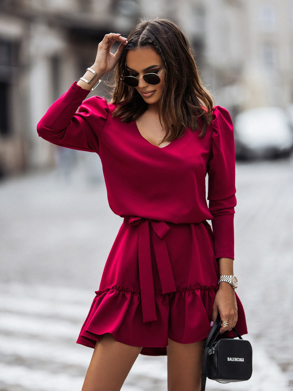 New V-Neck Long-Sleeve Solid Gathered Waist Pleated Dress