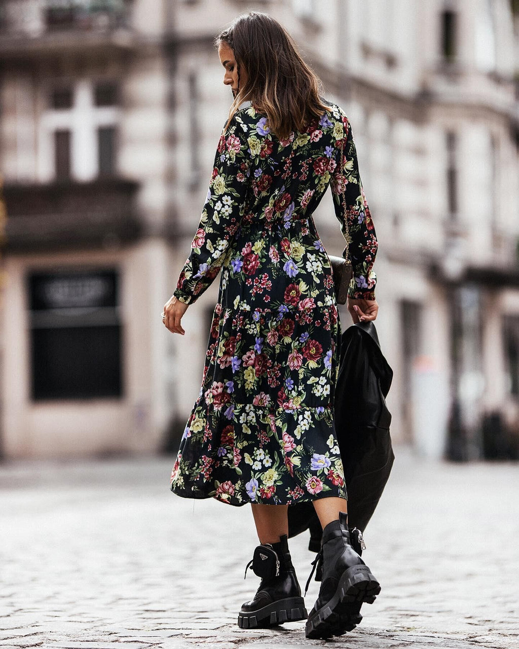 New Long Sleeve Printed Panel Waist Closing Dress