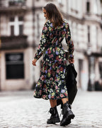 New Long Sleeve Printed Panel Waist Closing Dress