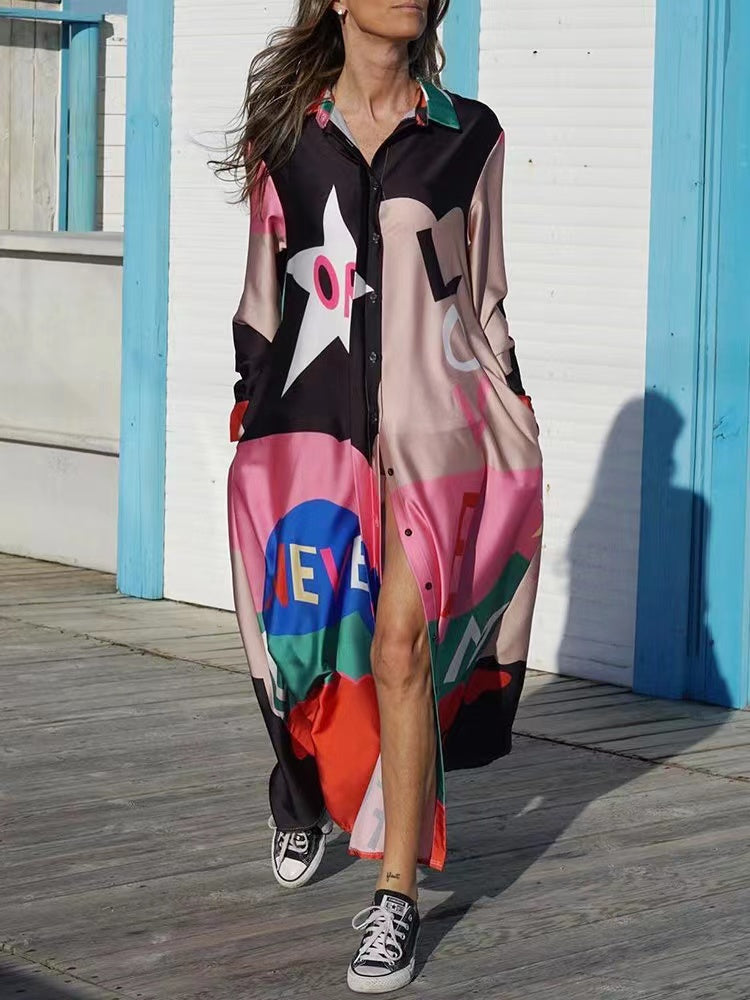 Long Sleeve Printed Shirt Dress