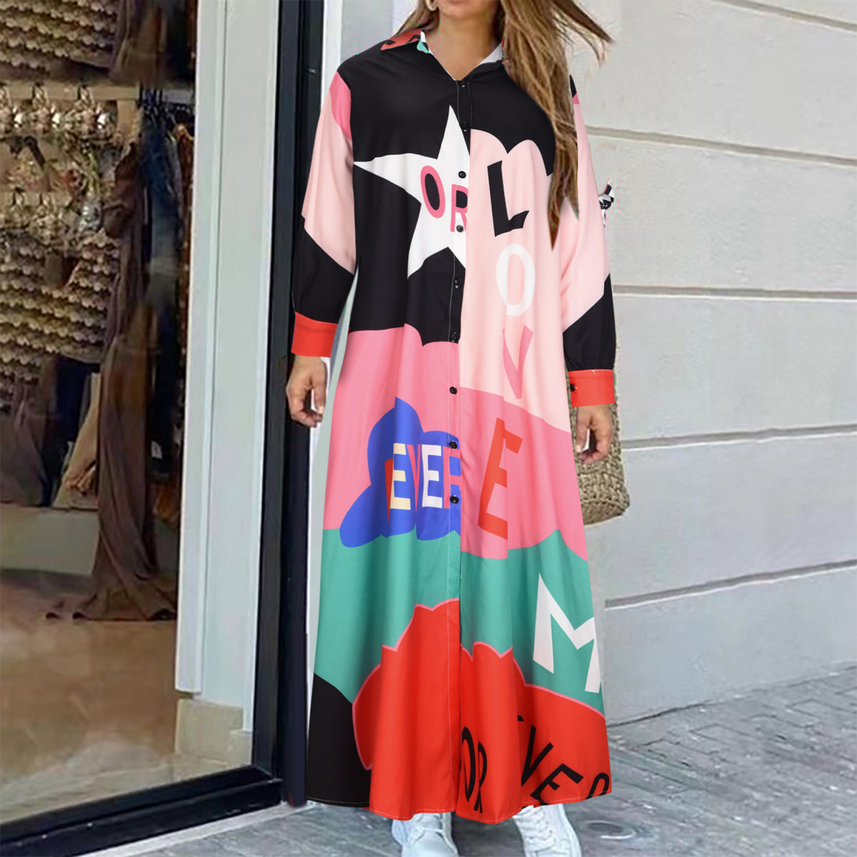 Long Sleeve Printed Shirt Dress
