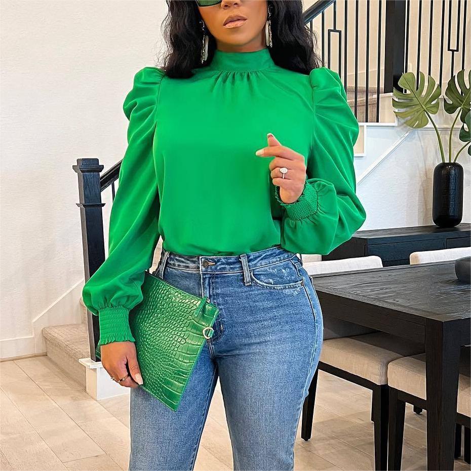 Women's Clothing Four Seasons Solid Color Long Stand Up Collar Puff Sleeve Back Lace Up Top