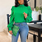 Women's Clothing Four Seasons Solid Color Long Stand Up Collar Puff Sleeve Back Lace Up Top