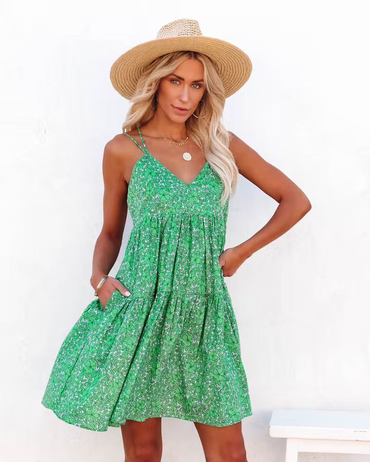 New Floral Print Criss Cross Strap V-Neck Dress