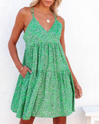 New Floral Print Criss Cross Strap V-Neck Dress