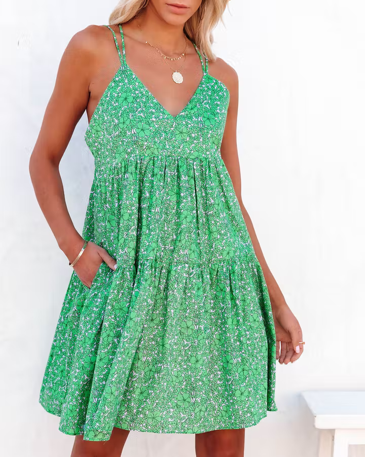 New Floral Print Criss Cross Strap V-Neck Dress