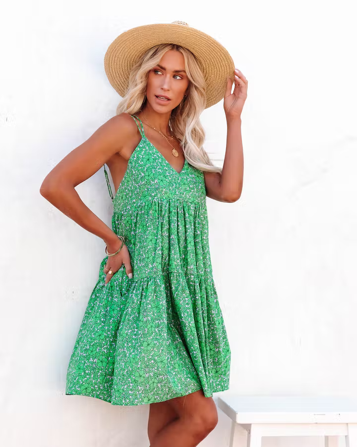 New Floral Print Criss Cross Strap V-Neck Dress