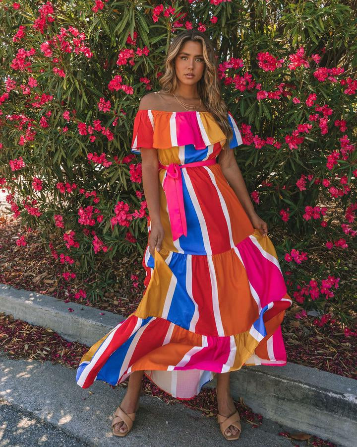 New Striped Printed Shoulder Ruffled Dress