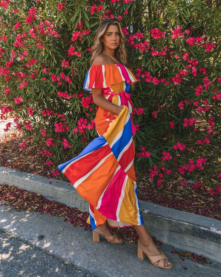 New Striped Printed Shoulder Ruffled Dress