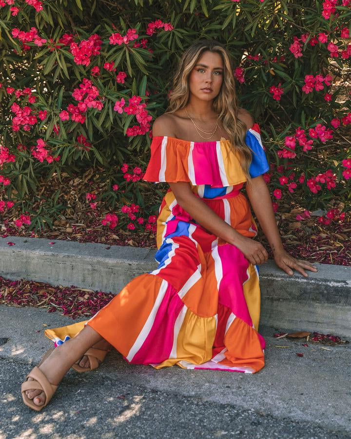 New Striped Printed Shoulder Ruffled Dress
