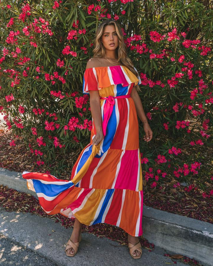 New Striped Printed Shoulder Ruffled Dress