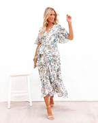 Women's V-Neck Floral Tie Butterfly-Sleeve Wrap Dress