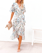 Women's V-Neck Floral Tie Butterfly-Sleeve Wrap Dress