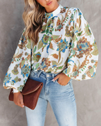 Women Summer Vacation New Women Printed Collar Lantern Sleeve Long Sleeve Shirts