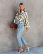 Women Summer Vacation New Women Printed Collar Lantern Sleeve Long Sleeve Shirts