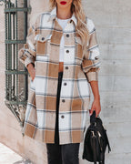 Women's Winter Women Collared Long Plaid Top Office Loose Woolen