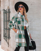 Women's Winter Women Collared Long Plaid Top Office Loose Woolen