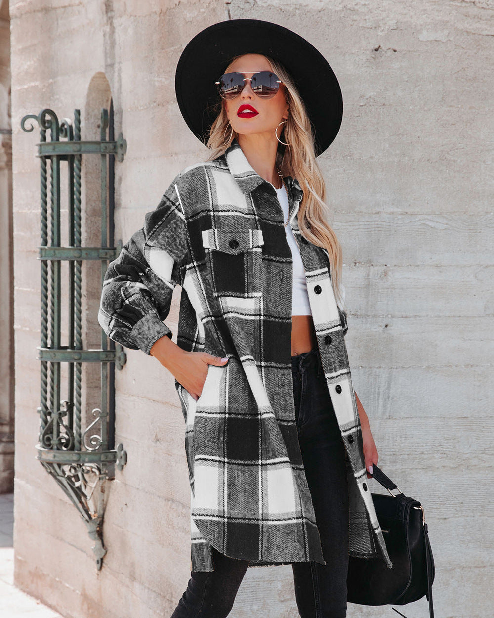 Women's Winter Women Collared Long Plaid Top Office Loose Woolen