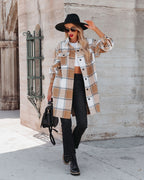 Women's Winter Women Collared Long Plaid Top Office Loose Woolen