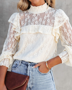 Women's Summer Vacation New Gouhua Hollow Lace Lotus Long Sleeve Blouses
