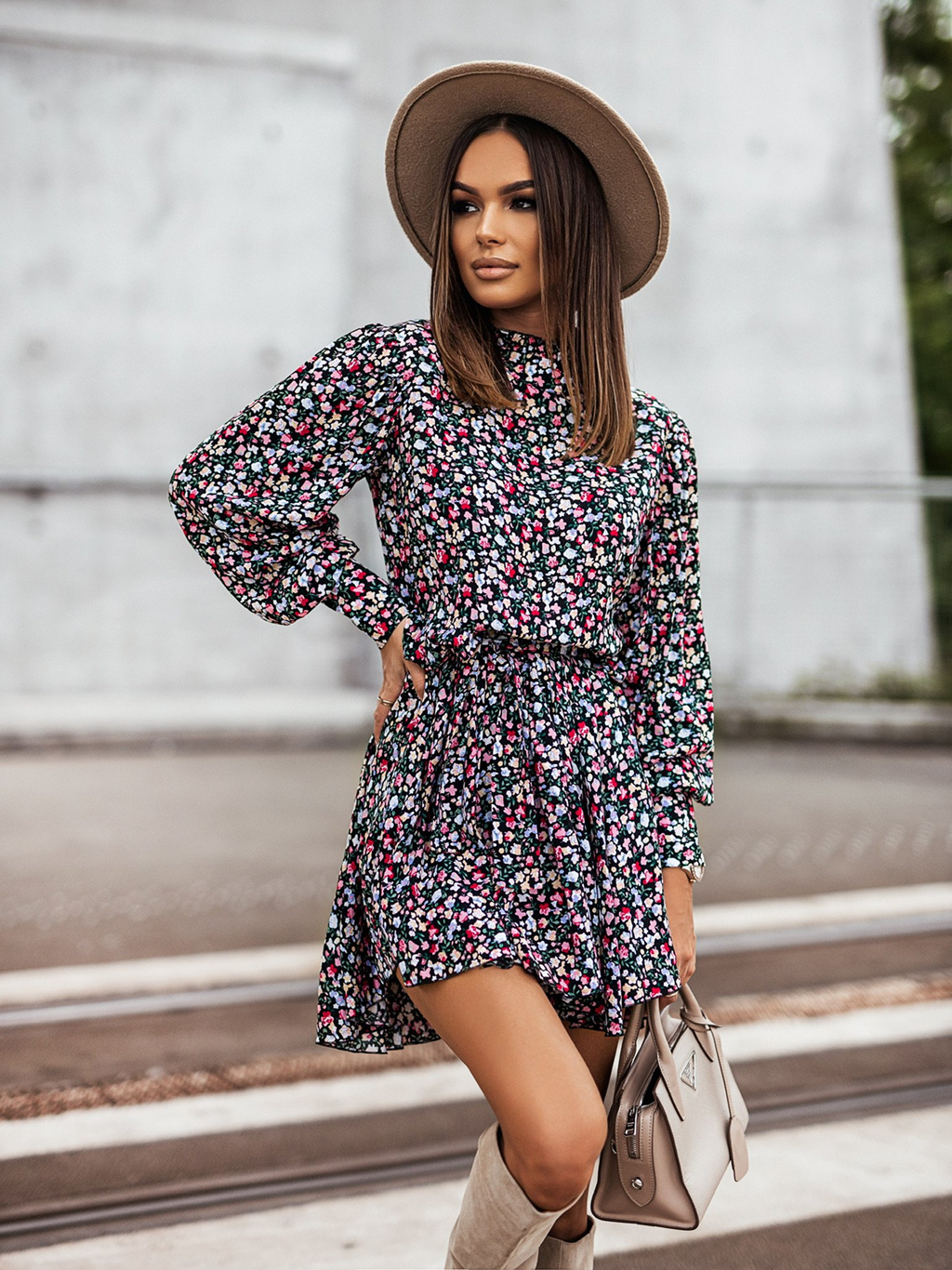 Floral Asymmetric Long-Sleeve Dress