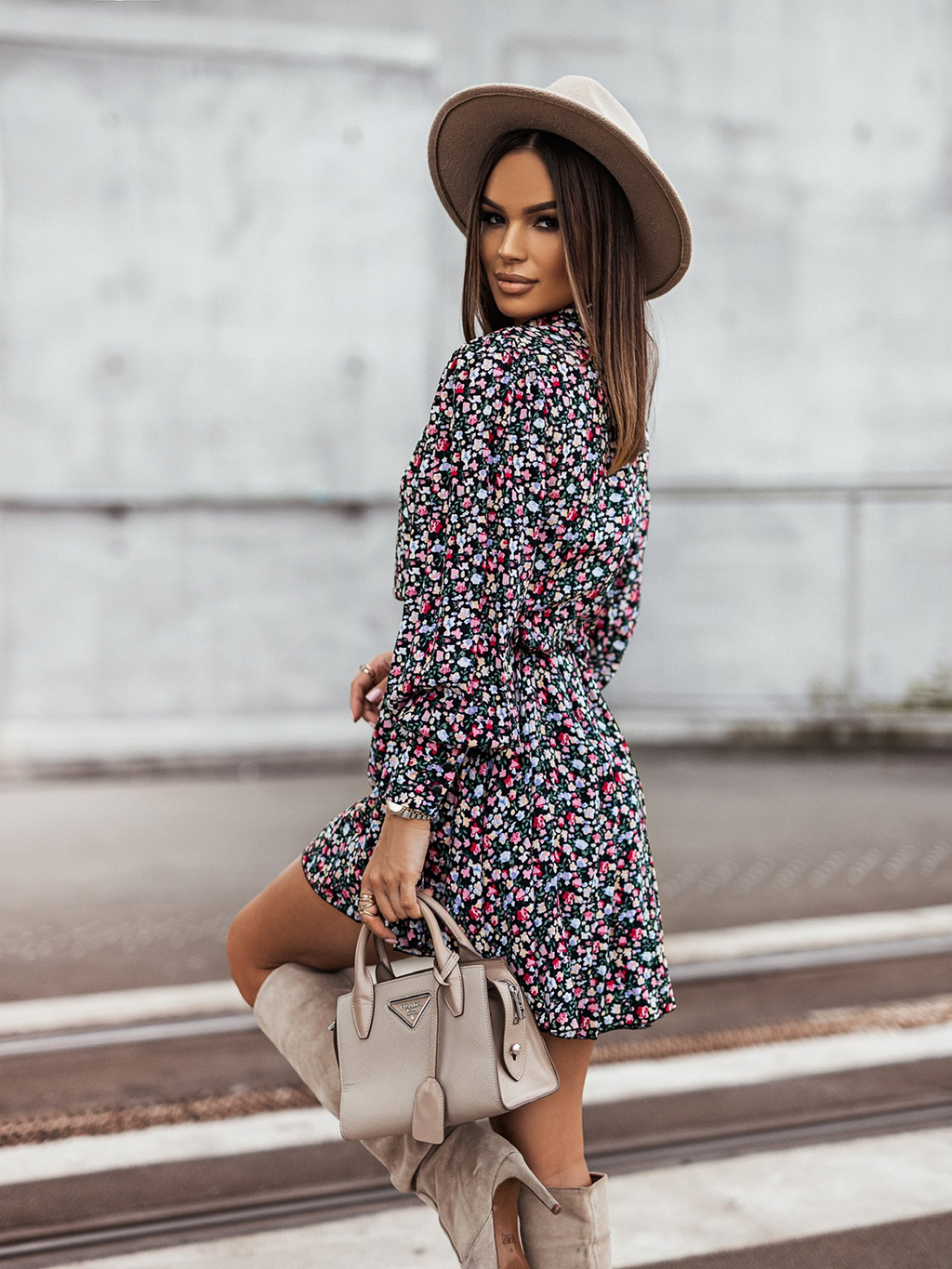 Floral Asymmetric Long-Sleeve Dress