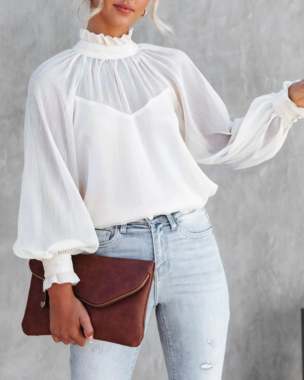 High Neck Ruffle Lantern Sleeve Top