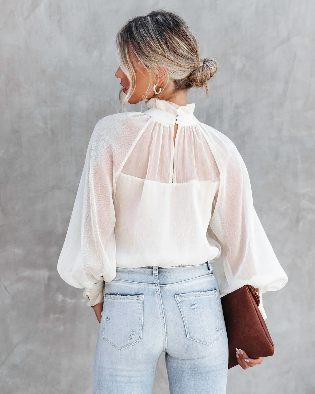 High Neck Ruffle Lantern Sleeve Top